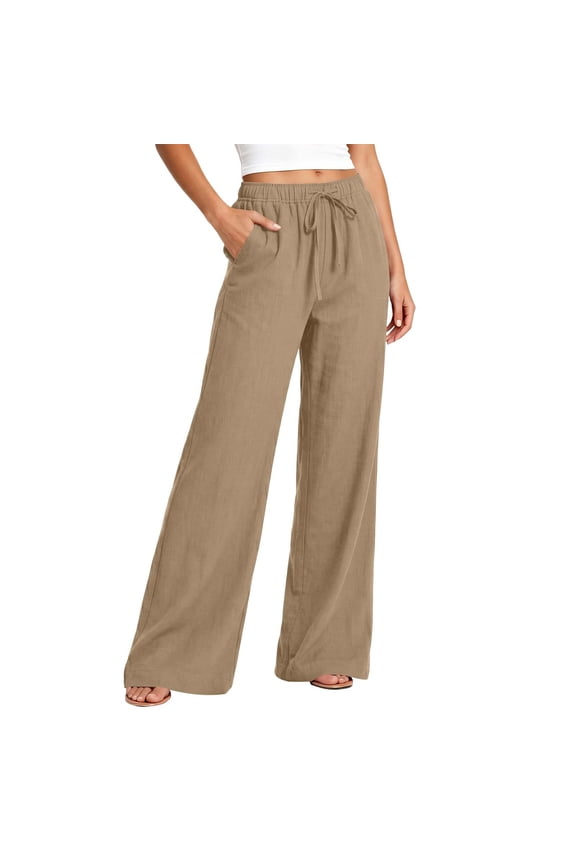 Linen Pants Women Loose Wide Leg Drawstring Elastic Waist Pants With Pocket