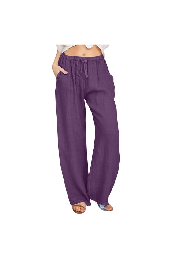 Linen Pants Women Loose Wide Leg Drawstring Elastic Waist Pants With Pocket