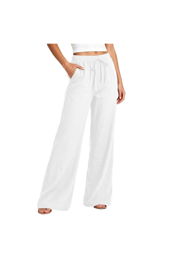 Linen Pants Women Loose Wide Leg Drawstring Elastic Waist Pants With Pocket