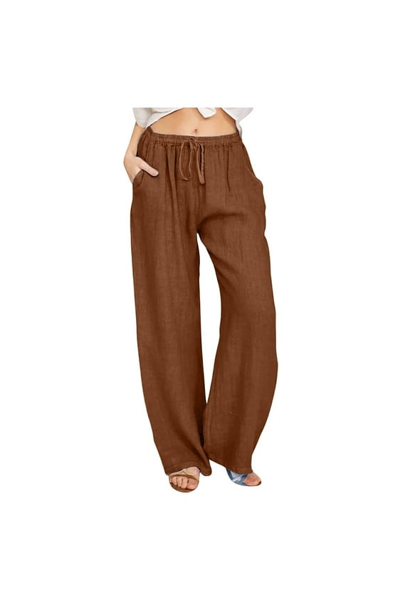 Linen Pants Women Loose Wide Leg Drawstring Elastic Waist Pants With Pocket