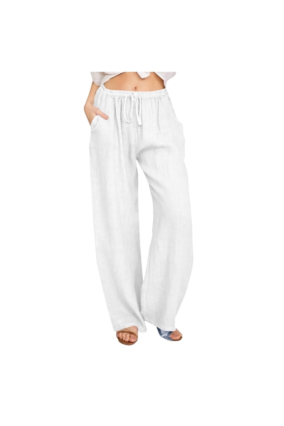 Linen Pants Women Loose Wide Leg Drawstring Elastic Waist Pants With Pocket