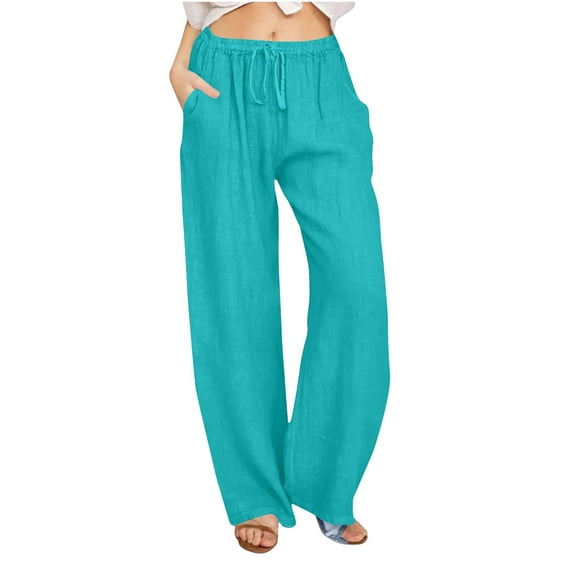 POROPL Linen Pants Women Loose Wide Leg Drawstring Elastic Waist Pants With Pocket