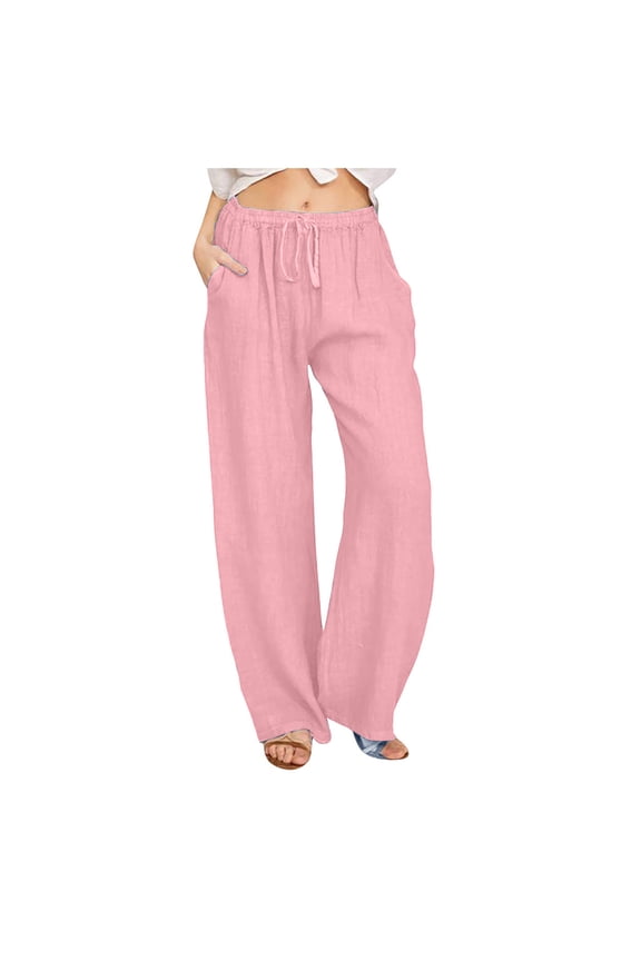 Linen Pants Women Loose Wide Leg Drawstring Elastic Waist Pants With Pocket