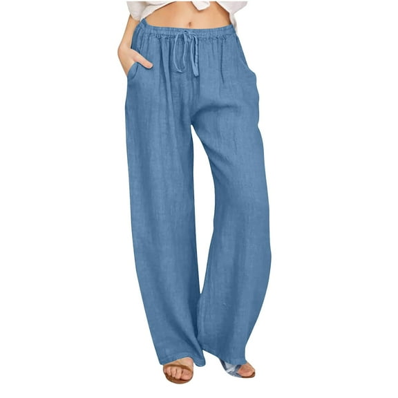 POROPL Linen Pants Women Loose Wide Leg Drawstring Elastic Waist Pants With Pocket