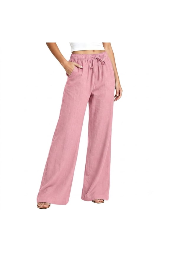 Linen Pants Women Loose Wide Leg Drawstring Elastic Waist Pants With Pocket