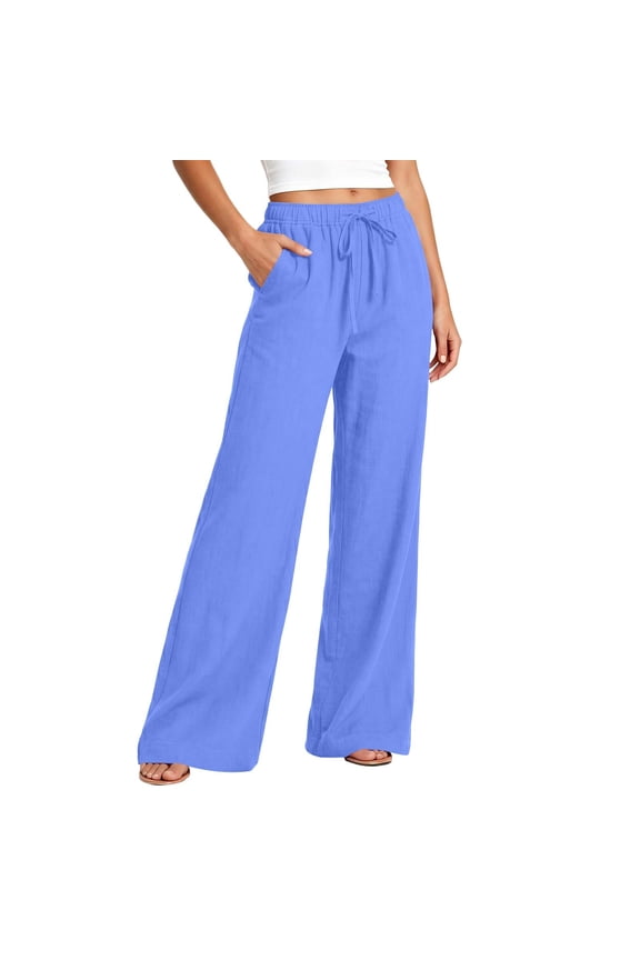 Linen Pants Women Loose Wide Leg Drawstring Elastic Waist Pants With Pocket