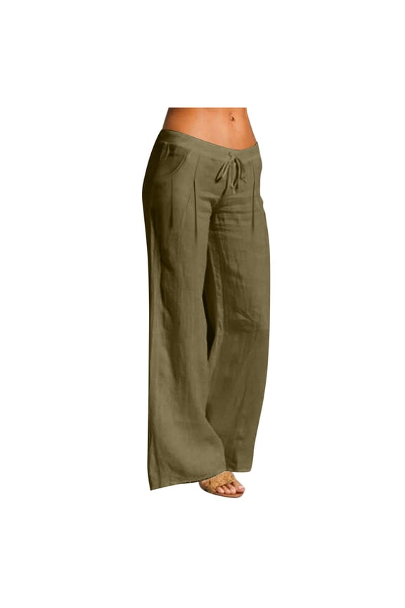 Linen Pants Women Wide Leg Drawstring Pleated Cotton Blend Casual Loose Pants with Pockets