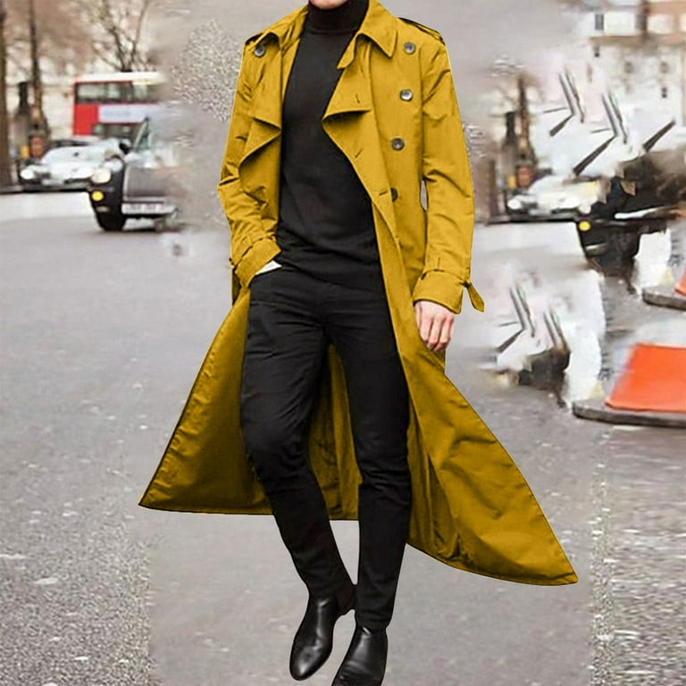 POROPL Men Trench Coat Winter Solid Color Warm Lapel Coat Business Long Trench Coat Yellow Size M