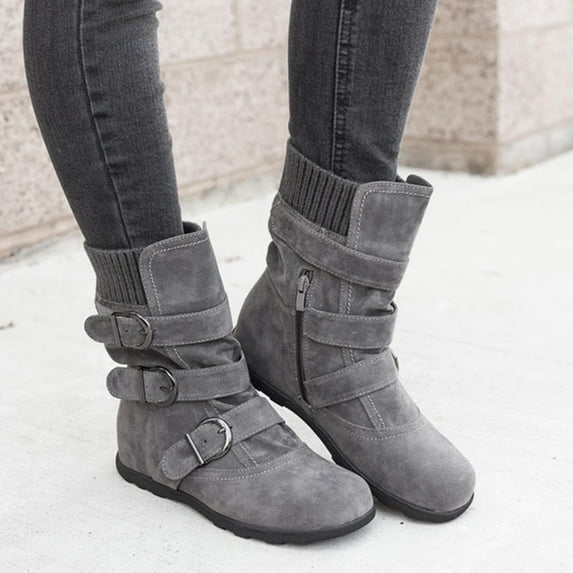 POROPL Mid Calf Boots For Women Suede Zip Flat Buckle Strap Keep Warm Snow Boots for Fashion