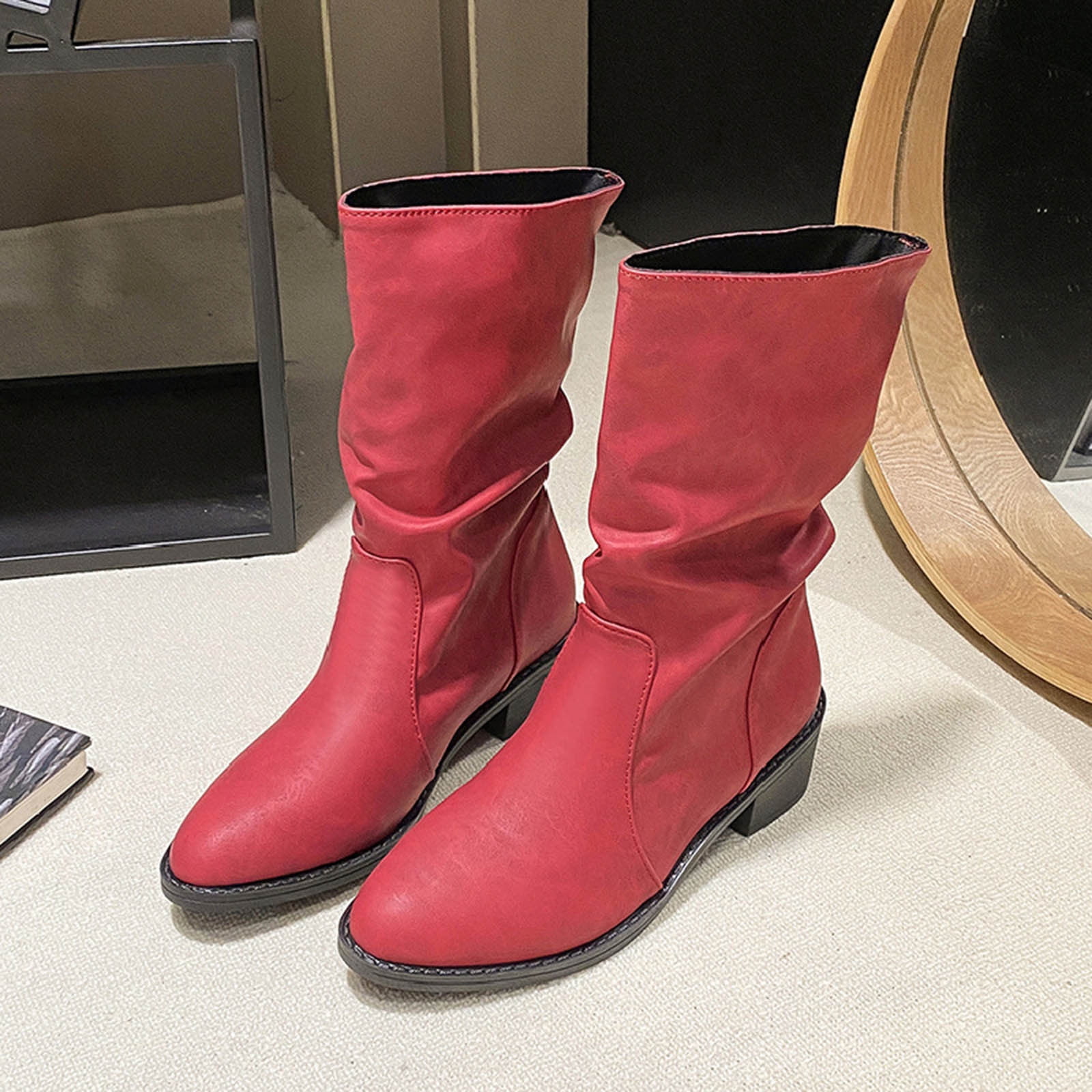 POROPL Mid Calf Boots for Women Fashion Low Heel Pointed Toe Buckle — free download