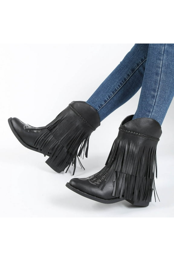 Mid Calf Boots for Women Low Heel Embroidery Tassel Denim Shoes,Boots for Women Size 9