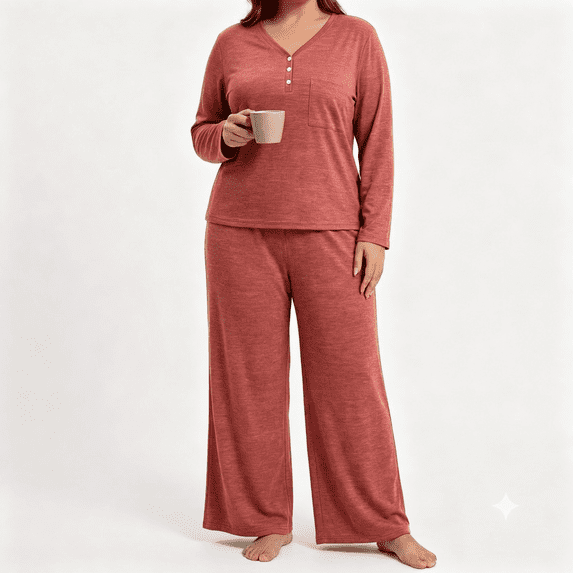 POROPL Pajama Sets for Women,Long Sleeve V Neck Sleepwear with Wide Leg Pants Sizes XL-5X