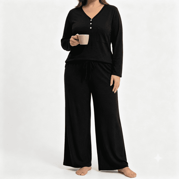 POROPL Pajamas for Women Plus Size,Long Sleeve V Neck Sleepwear with Wide Leg Pants Sizes XL-5X