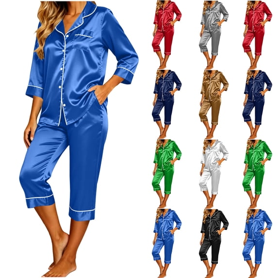POROPL Pajamas for Women,Silk Satin 3/4 Sleeve Pjs with Button Down Tops and Capri Pants Sizes S-2x