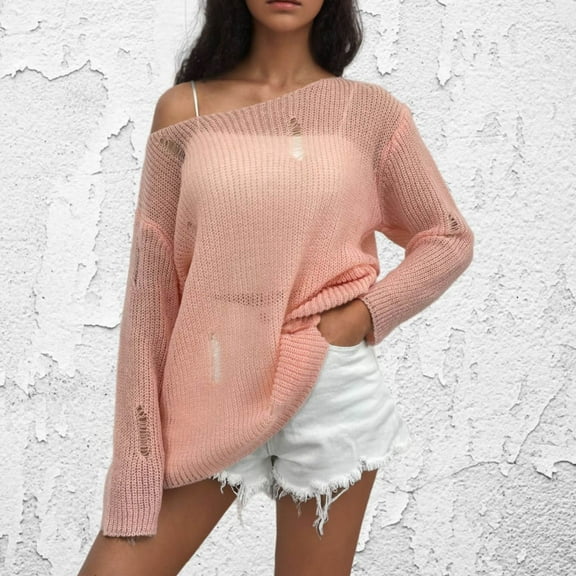 POROPL Pink Sweaters for Women Long Sleeve Crew Neck Sweater Casual Oversized Hollow Knitted Blouse Top Size S-XXL