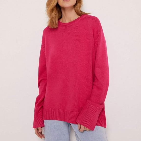 POROPL Pink Sweaters for Women Long Sleeve Crew Neck Sweater Casual Oversized Knitted Size S-L