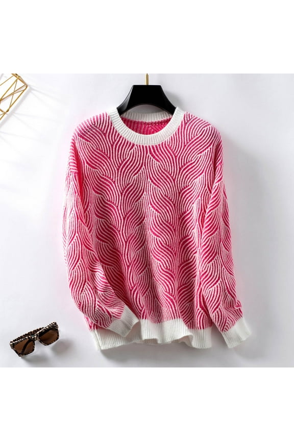 Pink Sweaters for Women Long Sleeve Crew Neck Sweater Oversized Knitted Striped Top Size S-XL