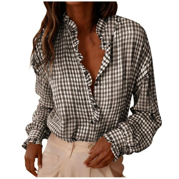 POROPL Plaid Shirts for Women Button Down Long Sleeve Shirts with Roll-Up Sleeves Turn-Down Collar