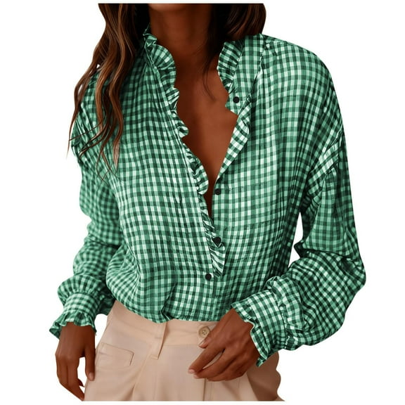 POROPL Plaid Shirts for Women Button Down Long Sleeve Shirts with Roll-Up Sleeves Turn-Down Collar