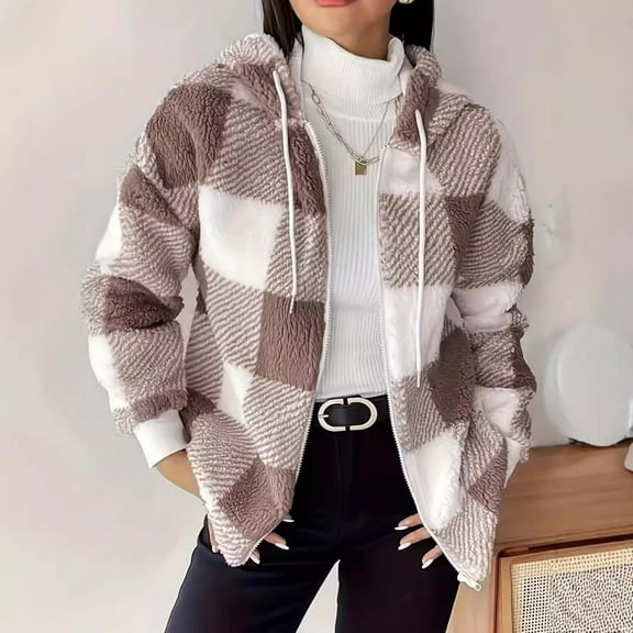 POROPL Plaid Shirts for Women Long Sleeve Fleece Zipper Jacket Coat