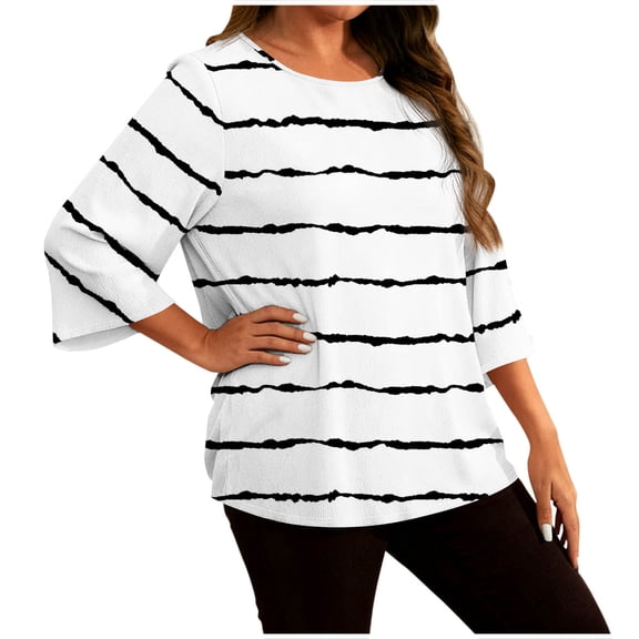 POROPL Plus Size Blouses for Women 3/4 Sleeve Summer Tops Striped Crew Neck Oversized Casual Blouse