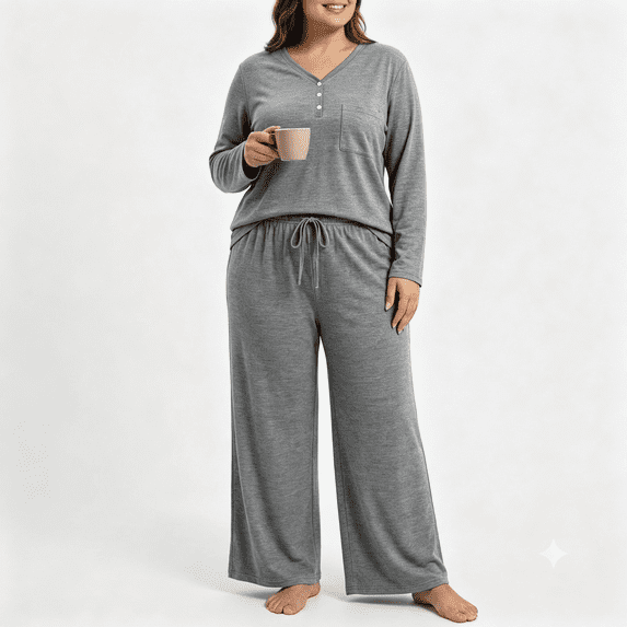 POROPL Plus Size Pajamas for Women,Long Sleeve V Neck Sleepwear with Wide Leg Pants Sizes XL-5X