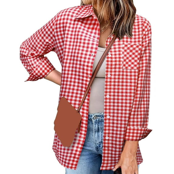 POROPL Plus Size Tops for Women,Women's Casual Fashion Plaid Color Matching Pocket Button Loose Coat Shirt for Women 2025