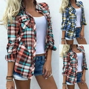 POROPL Plus Size Tops For Women,Women's Casual Fashion Plaid Color Matching Pocket Button Loose Coat Shirt For Women 2022