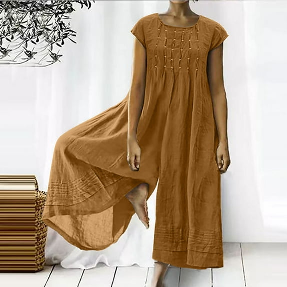 POROPL Plus Size Womens Jumpsuit Linen Short Sleeve Loose Medium Length Shirt Jumpsuit Pants