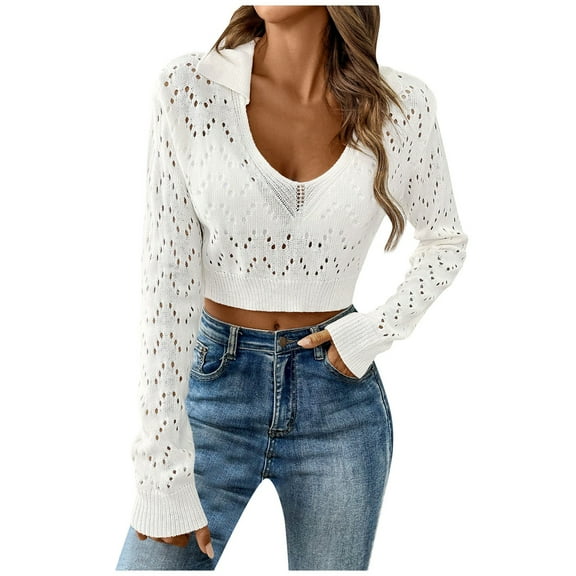POROPL Pullover Sweaters for Women Long Sleeve Cropped Sweater Casual Hollow Knitted Blouse Top,Lightweight,Size S-XL