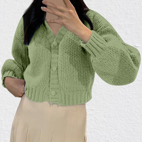 POROPL Pullover Sweaters for Women Long Sleeve Open Front Button Down V-Neck Cropped Sweater Warm Knitted Top Outer Size M