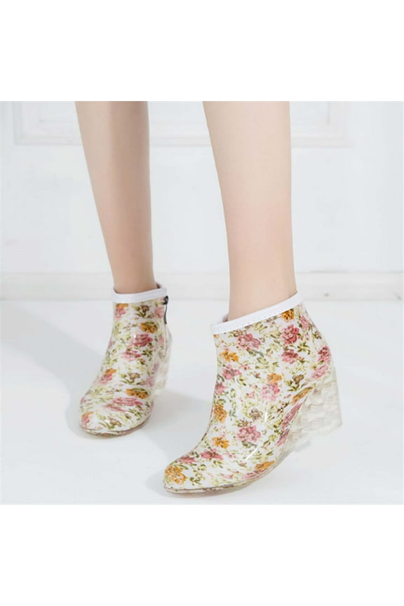 Rain Boots for Women Mid Calf Fashion Rubber High Heel Wedge Side Zip Up Buckle Shoes,Womens Boots Size 7.5