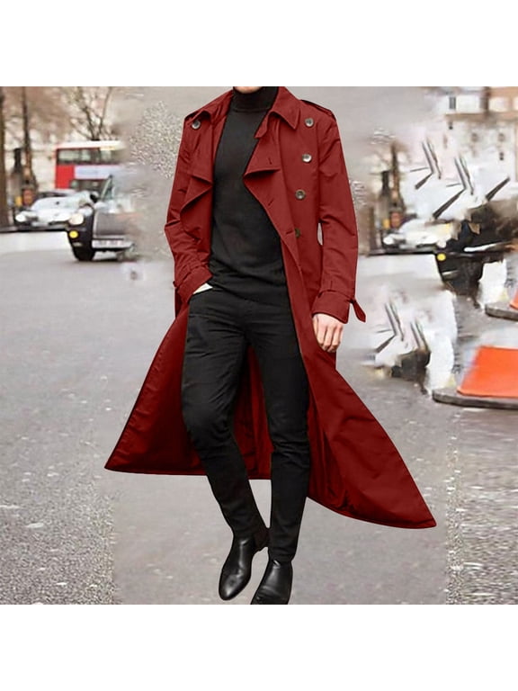 Red Trench Coat for Men Winter Solid Color Warm Lapel Coat Business Long Trench Coat Size XL