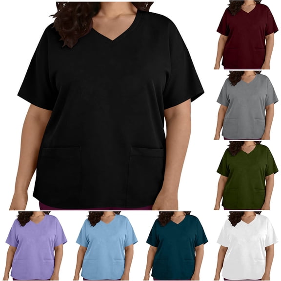 POROPL Scrubs for Women Plus Size V-Neck Short Sleeve,2 Pocket Comfortable Scrub Tops Size L-5XL
