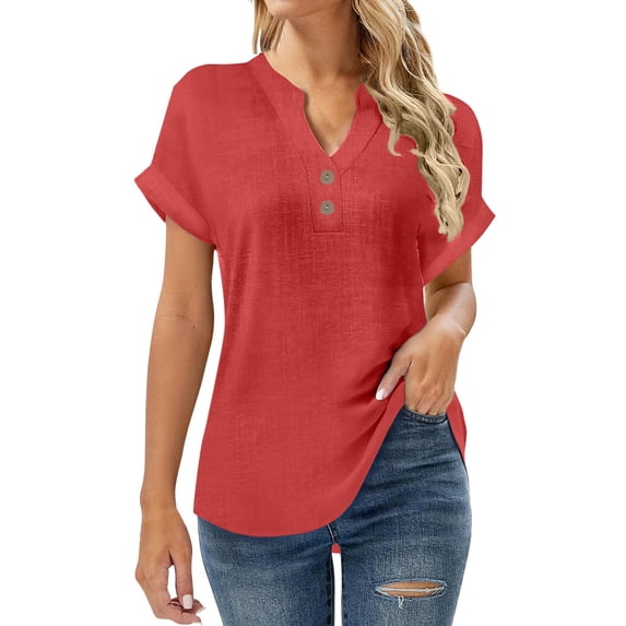 POROPL Shirts for Women Short Sleeve Cotton Linen Summer Tops Casual Button V Neck Tunic Blouses