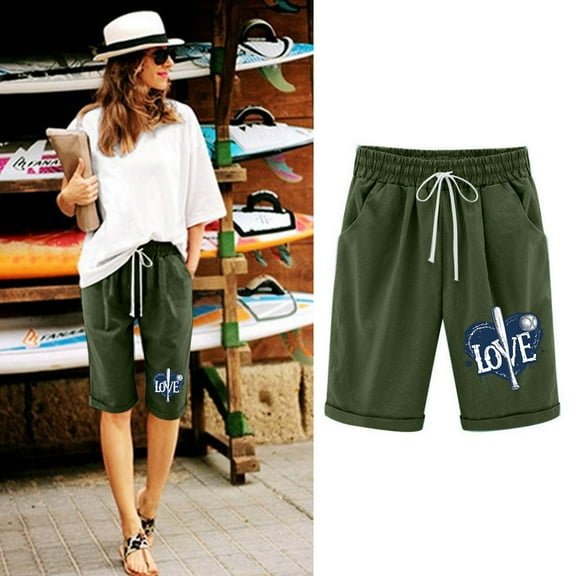 POROPL Shorts for Women Linen Fashion Elastic Waist Shorts Print Short