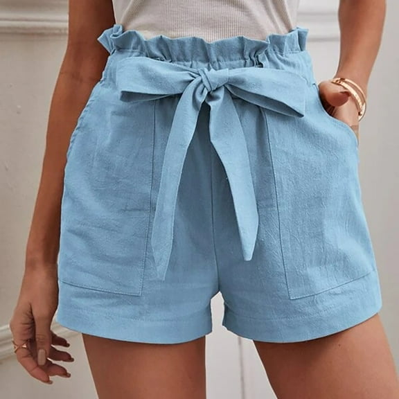 POROPL Shorts for Women Linen Summer Fashion High Waist Casual Loose Wide Leg Shorts with Pockets Lace-Up Short