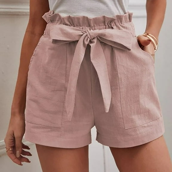 POROPL Shorts for Women Linen Summer Fashion High Waist Casual Loose Wide Leg Shorts with Pockets Lace-Up Short