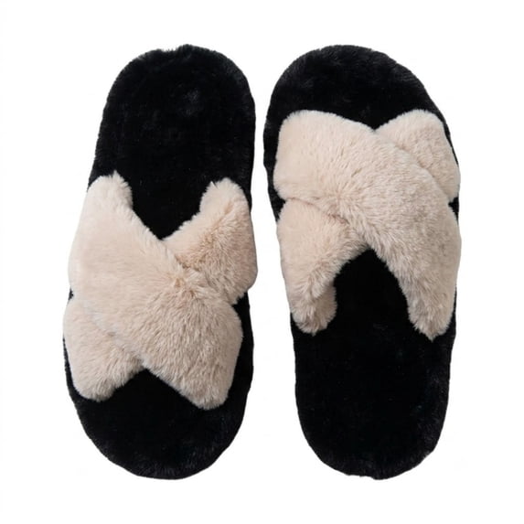 POROPL Slippers for Women,Plush Warm Fuzzy Cross Band House Shoes Indoor Slip On Bedroom Slippers
