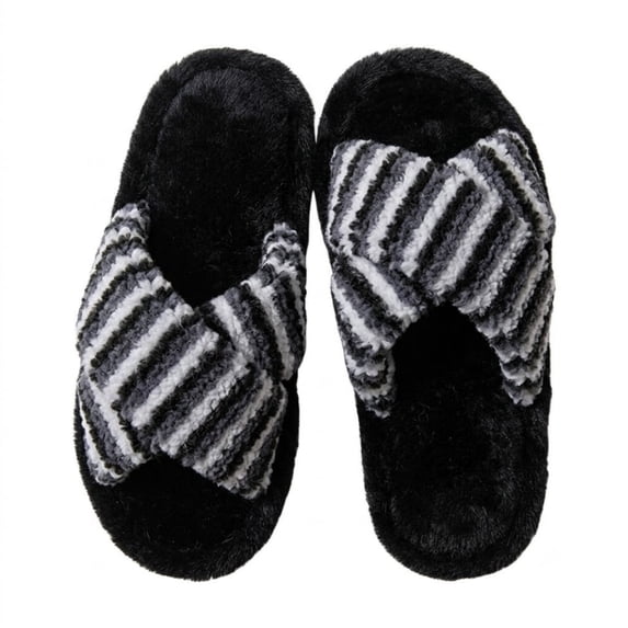 POROPL Slippers for Women,Plush Warm Fuzzy Striped Cross Band House Shoes Slip On Bedroom Slippers