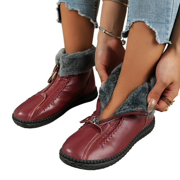 POROPL Snow Boots for Women Ankle Winter Fleece Leather Shoes,Boots for Women Size 4.5