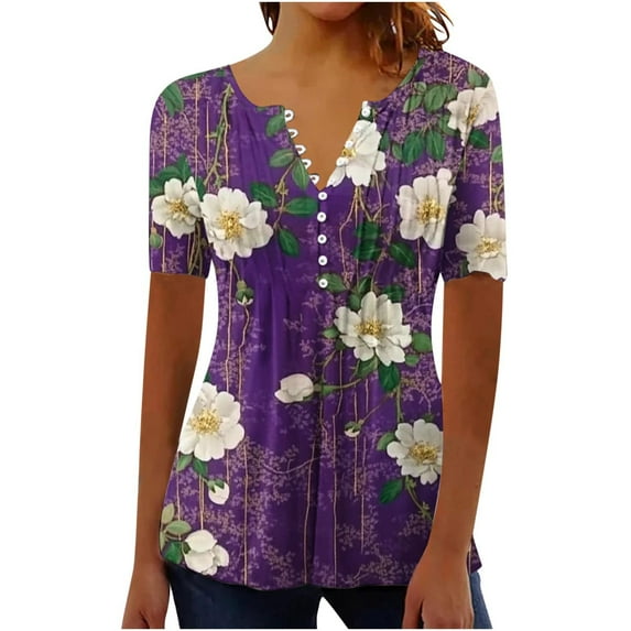 POROPL Summer Tops for Women Short Sleeve V Neck with Button Pleats Boho Floral Print Tunic Shirts