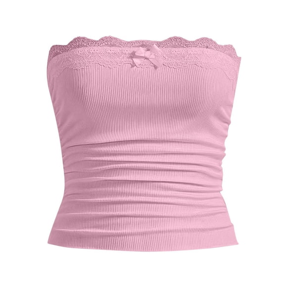 POROPL Summer Tube Tops for Women Long Textured Lace Trim Tops(Pink,1 Pack,Size S-L)