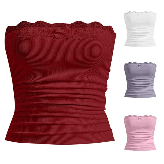 POROPL Summer Tube Tops for Women Long Textured Lace Trim Tops(Red,1 Pack,Size S-L)