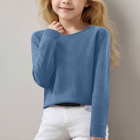 POROPL Sweaters for Girls Knit Pullover Sweater Ribbed Cuffs Thin V Neck Long Sleeve Tops Blue Size 6-7