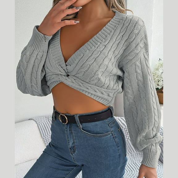 POROPL Sweaters for Women Trendy Lantern Sleeve Long Sleeve V-Neck Sweater Casual Blouse Top Size S-L