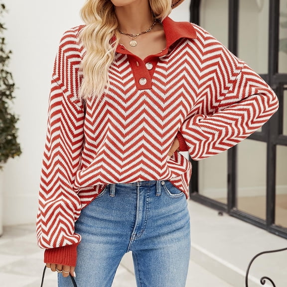 POROPL Sweaters for Women Trendy Long Sleeve V-Neck Sweater Casual Knitted Striped Color Blocked Size S-XL