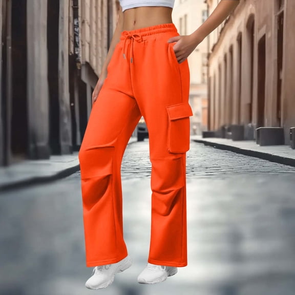 POROPL Sweatpants Women Cargo Baggy Wide Leg Drawstring High Waisted Pants with Four-Pockets Orange