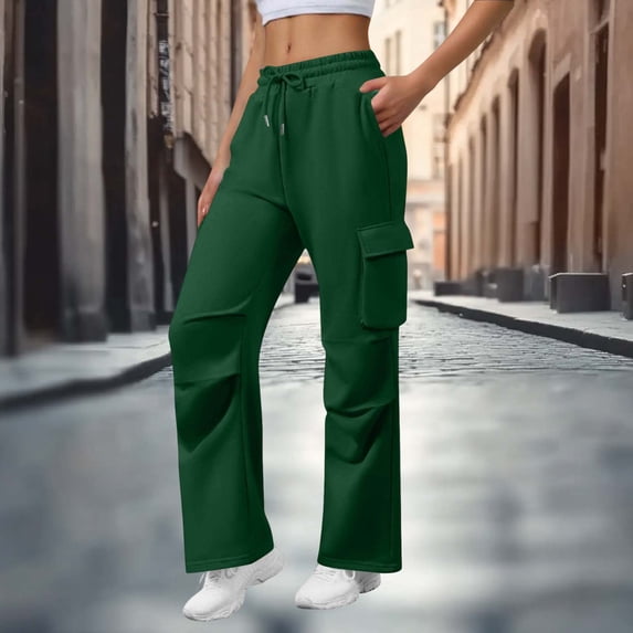 POROPL Sweatpants for Women Cargo Baggy Wide Leg Drawstring High Waisted Pants with Four-Pockets Green