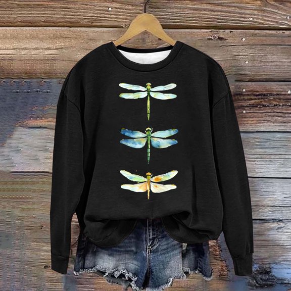 POROPL Sweatshirts for Women Crew Neck Long Sleeve Sweatshirts Loose Fitting Print Pullover Tops Black